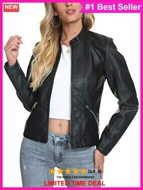 Faux Leather Jacket Stand Collar Slim Fit Moto Womens Outerwear
